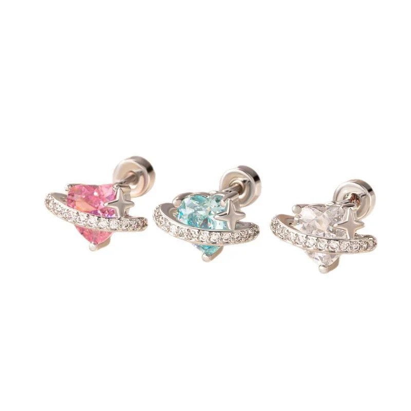 Wholesale Women's Copper Heart Shape Titanium Steel Screw Ear Bone Nail Earrings Set With Diamonds Sweet Cute Design Sense Niche - Image 4