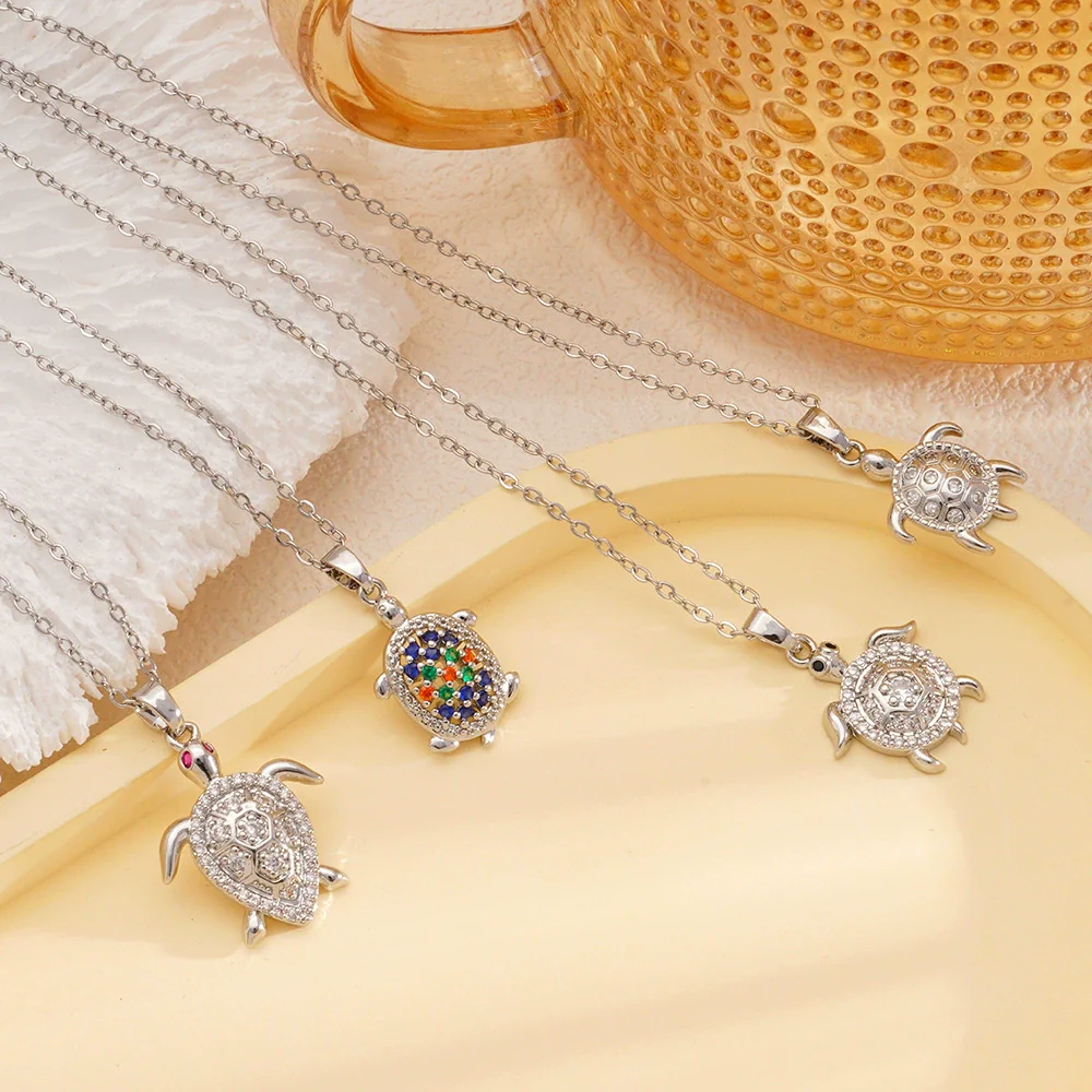 Wholesale Women's Copper Inlaid Zircon Ocean Series Turtle Pendant Necklace Electroplated Animal Zodiac Stylish Fashion Versatile Clavicle Chain Jewelry - Image 3