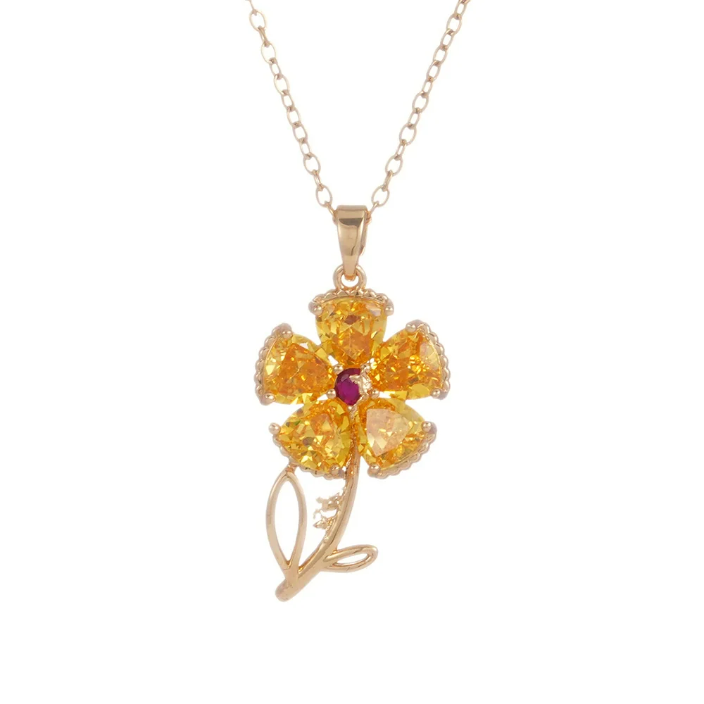 Wholesale Women's Copper Necklace With Micropaved Zircon Sunflower Pendant And Stainless Steel O Word Chain Electroplated Light Luxury Style - Image 5