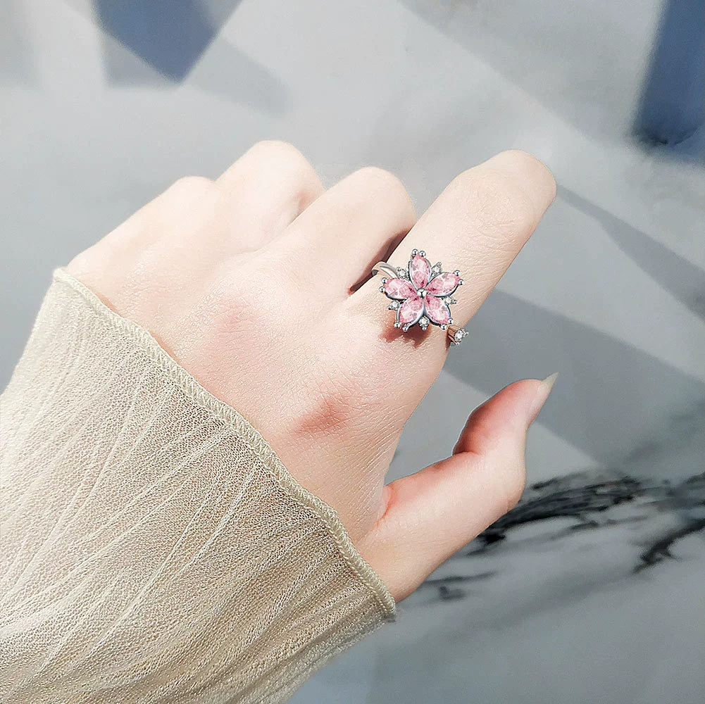 Wholesale Women's Copper Rotating Flower Decompression Antianxiety Ring Set With Pink Zircon And Electroplating Treatment - Image 3