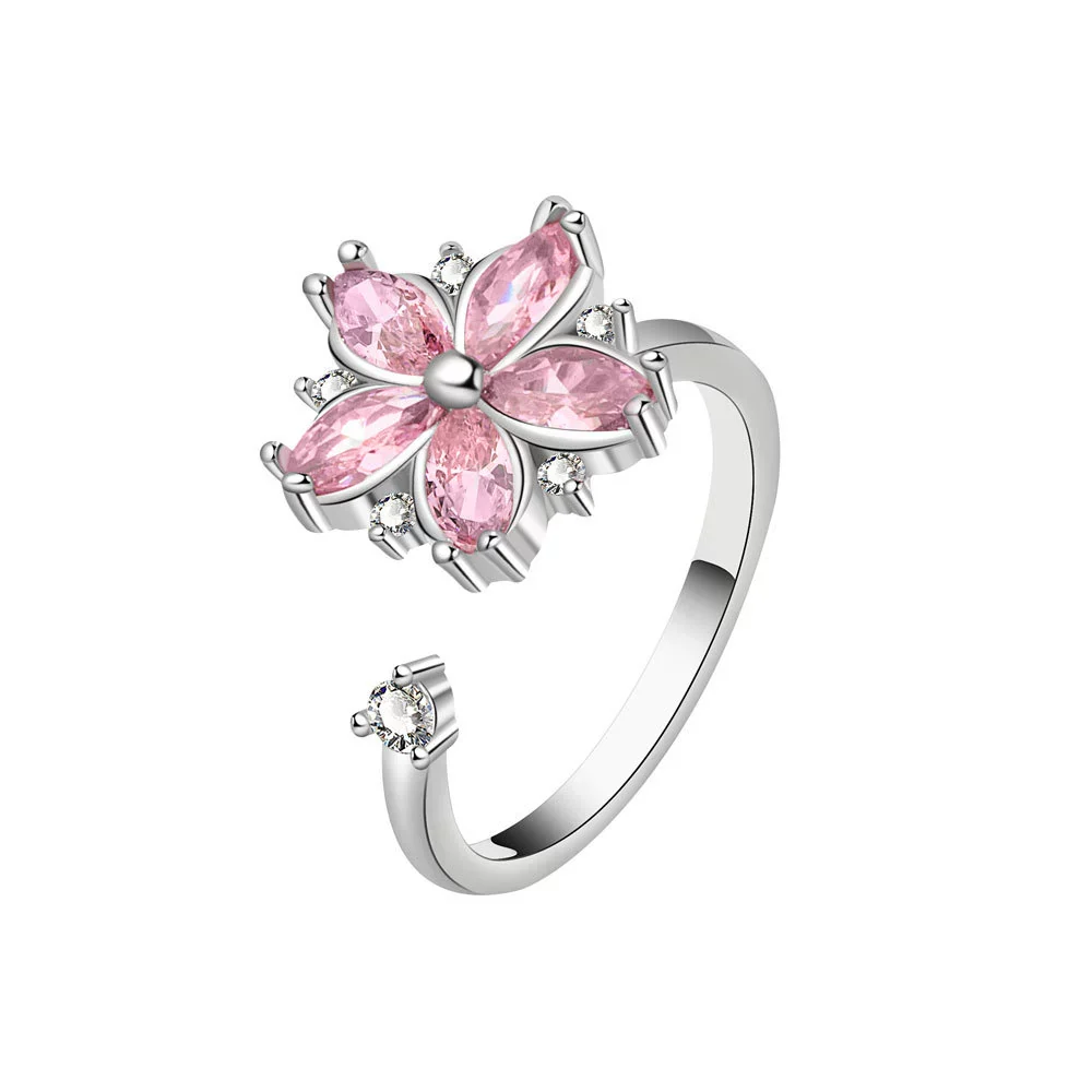 Wholesale Women's Copper Rotating Flower Decompression Antianxiety Ring Set With Pink Zircon And Electroplating Treatment - Image 5