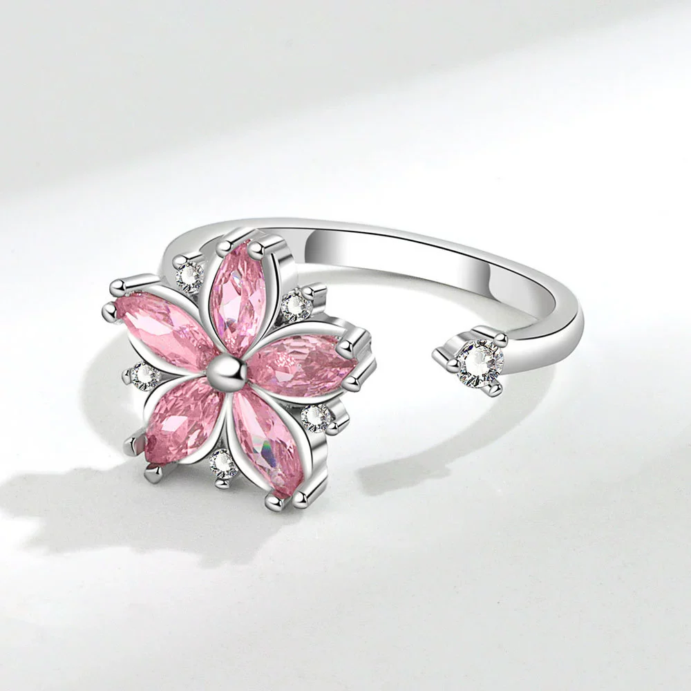 Wholesale Women's Copper Rotating Flower Decompression Antianxiety Ring Set With Pink Zircon And Electroplating Treatment - Image 6