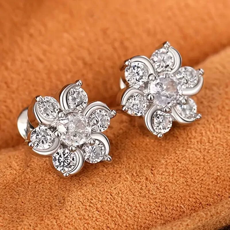 Wholesale Women's Copper Zircon Flower Snowflake Earrings Jewelry - Image 3