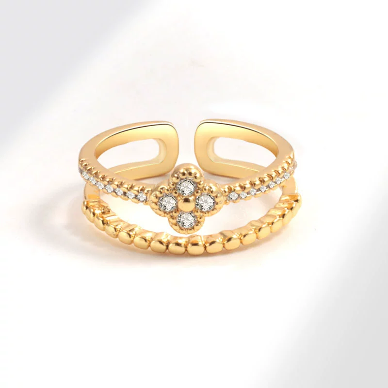 Wholesale Women's Copper Zircon Fourleaf Clover Geometric Ring With Electroplating - Image 3