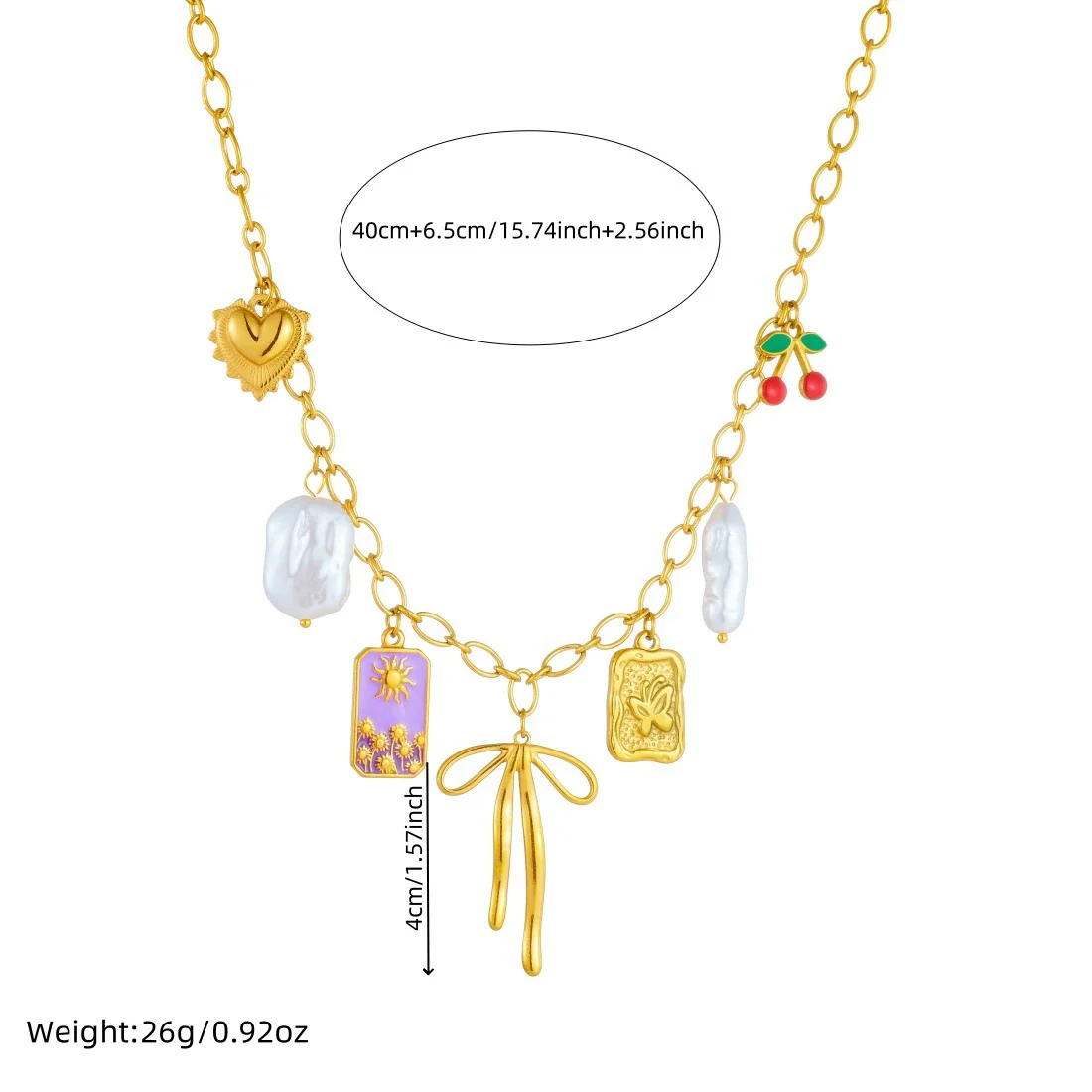 Wholesale Women's Creamy Sweet Style Bow Tie Pattern Square Goldplated Stainless Steel Pendant Necklace With O Word Chain - Image 4
