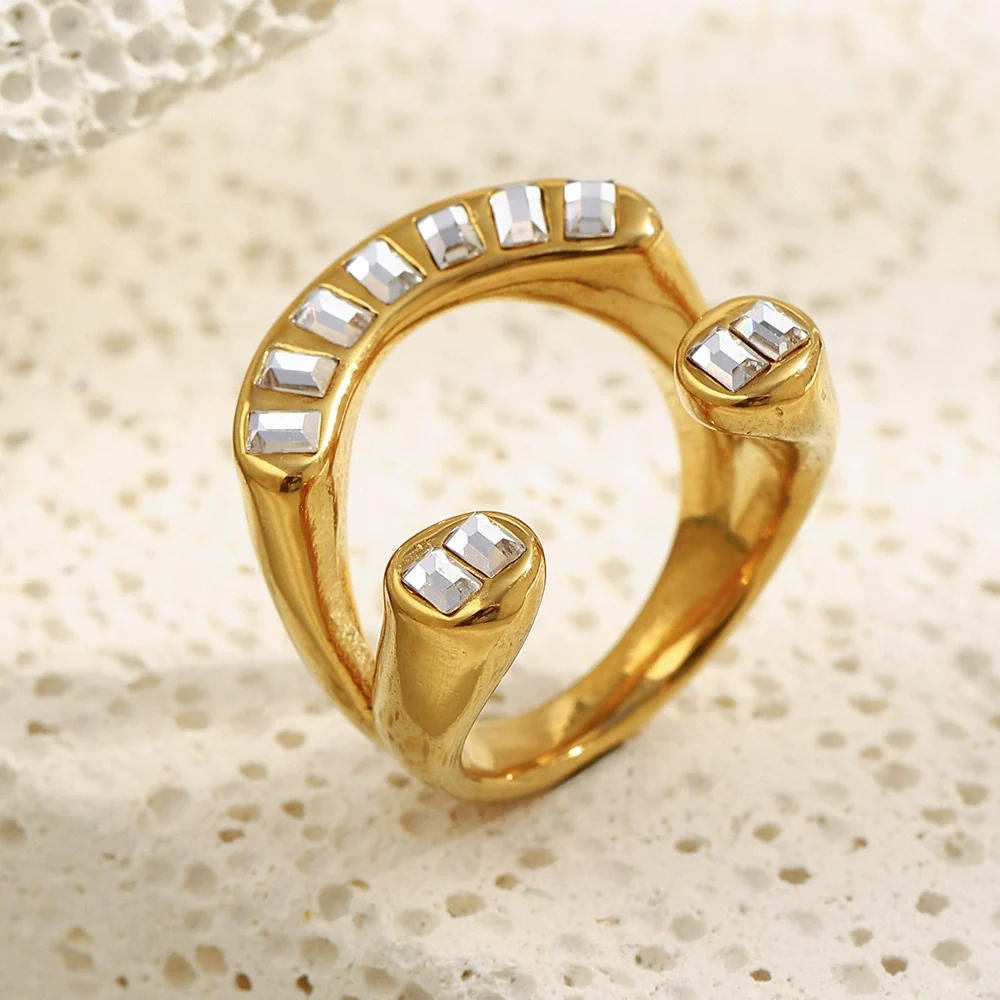 Wholesale Women's Creative Geometric Stainless Steel 18K Gold Plated Highend Asymmetrical Zircon Ring Hand Jewelry - Image 4
