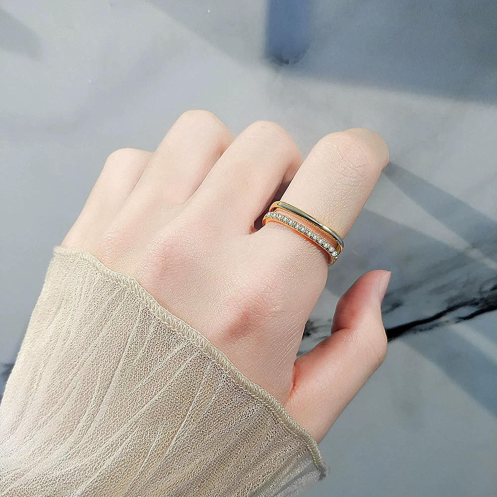 Wholesale Women's Double Layer Square Copper Zircon Finger Ring With Diamond Encrusted Geometric And Minimalist Style Electroplated - Image 2