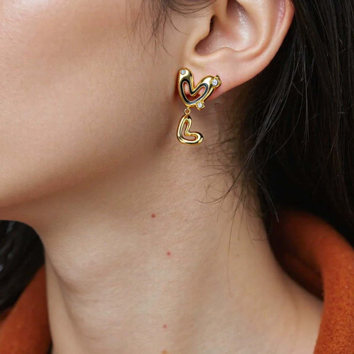 Wholesale Women's Doublelayered Heartshaped Stainless Steel Earrings With Pvd Furnace Vacuum Real Gold Plating - Image 2