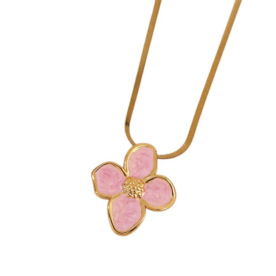 Wholesale Women's Electroplated Stainless Steel Snake Bone Chain Fourpetal Flower Necklace - Image 5