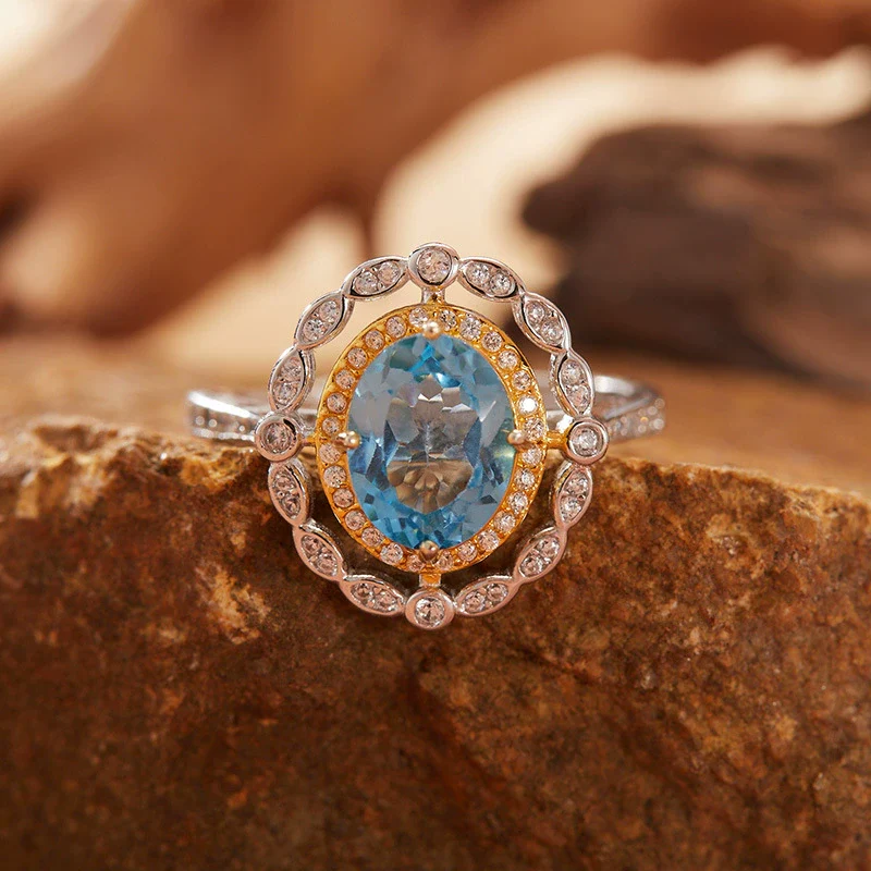 Wholesale Women's Elegant Geometric S925 Sterling Silver Ring Set With Natural Color Treasure Topaz And Crystal - Image 6