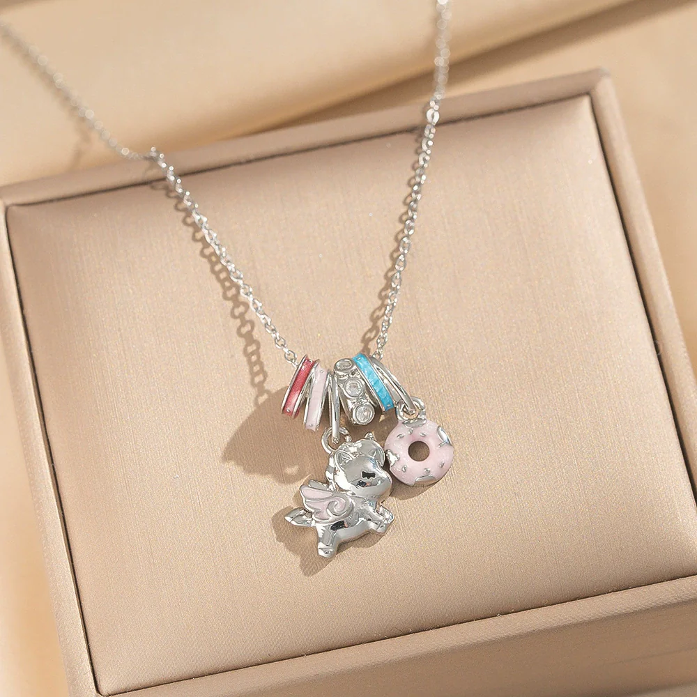 Wholesale Women's Enamel Copper Zircon Inlaid Dripping Oil Animal Zodiac Pattern Circle Pendant Cross Chain Necklace Light Luxury Cute Style - Image 2