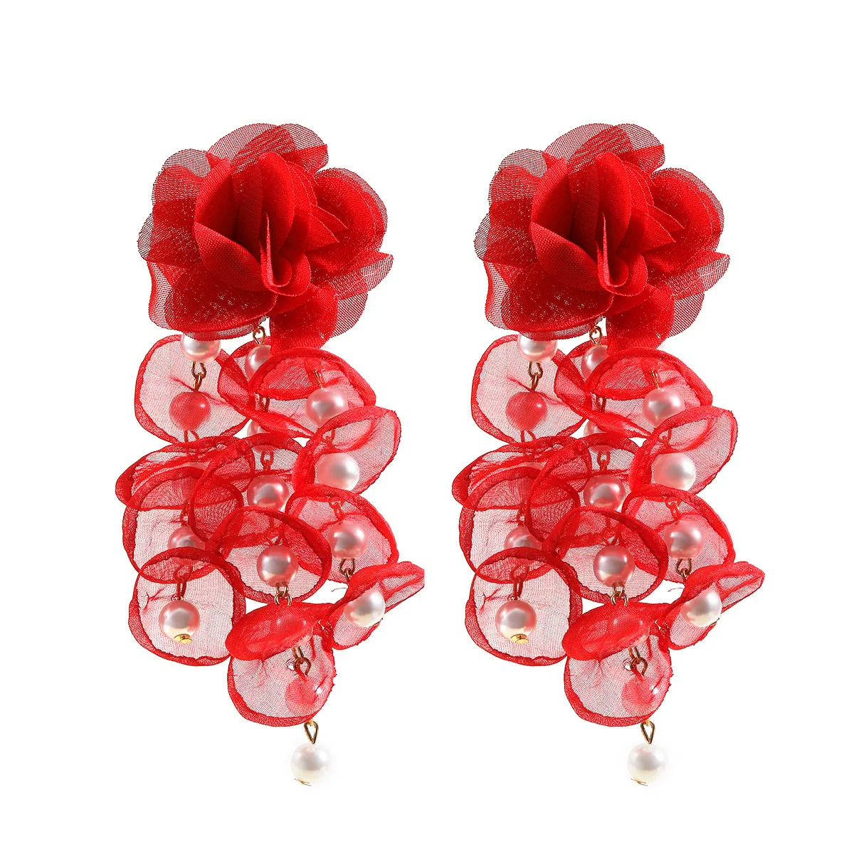 Wholesale Women's Fabric Pearl Inlaid Flower Earrings - Image 7