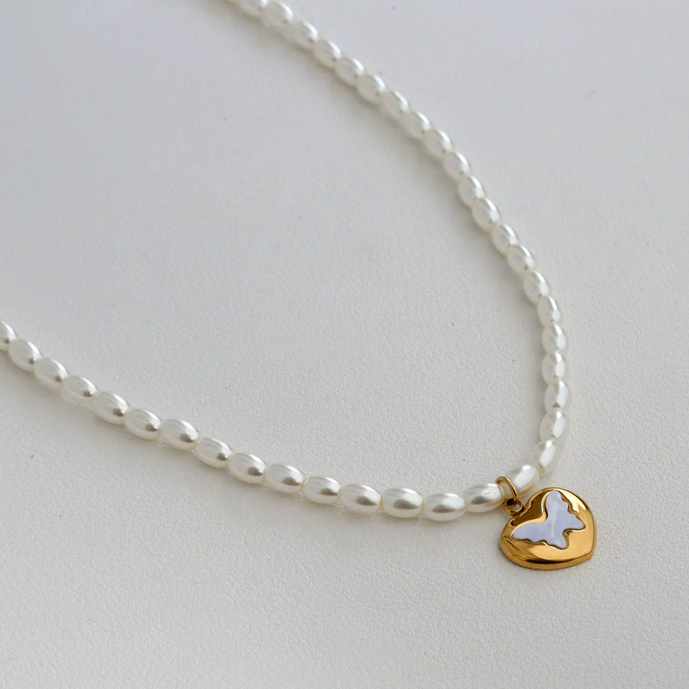 Wholesale Women's Fairy Style Titanium Steel Goldplated Pearl Casting Heart Pendant Necklace With String Of Pearls Chain - Image 10