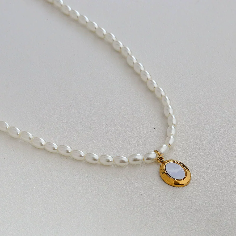 Wholesale Women's Fairy Style Titanium Steel Goldplated Pearl Casting Heart Pendant Necklace With String Of Pearls Chain - Image 13