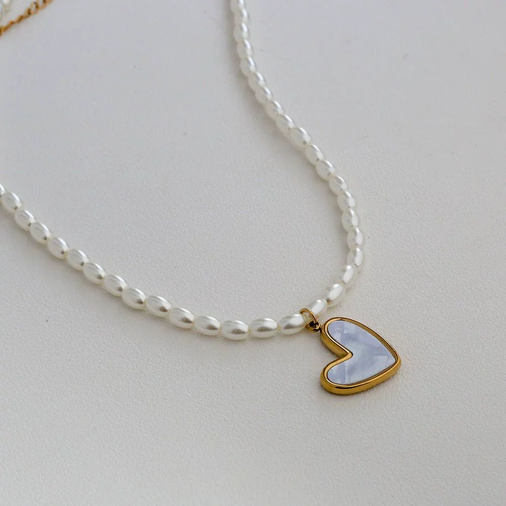 Wholesale Women's Fairy Style Titanium Steel Goldplated Pearl Casting Heart Pendant Necklace With String Of Pearls Chain - Image 15