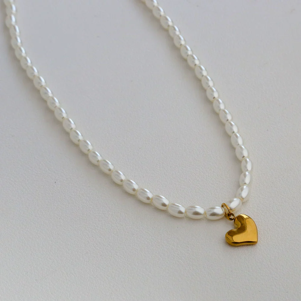 Wholesale Women's Fairy Style Titanium Steel Goldplated Pearl Casting Heart Pendant Necklace With String Of Pearls Chain - Image 19