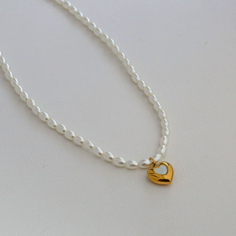 Wholesale Women's Fairy Style Titanium Steel Goldplated Pearl Casting Heart Pendant Necklace With String Of Pearls Chain - Image 20
