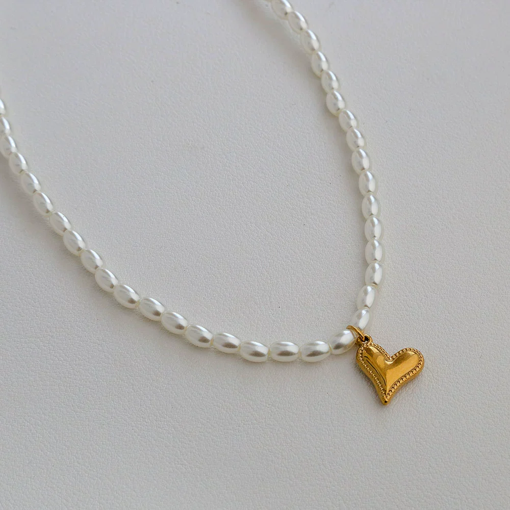 Wholesale Women's Fairy Style Titanium Steel Goldplated Pearl Casting Heart Pendant Necklace With String Of Pearls Chain - Image 23