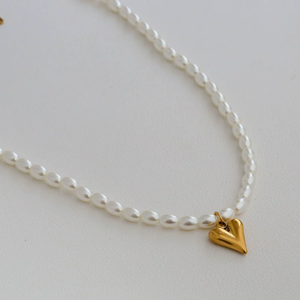 Wholesale Women's Fairy Style Titanium Steel Goldplated Pearl Casting Heart Pendant Necklace With String Of Pearls Chain - Image 5