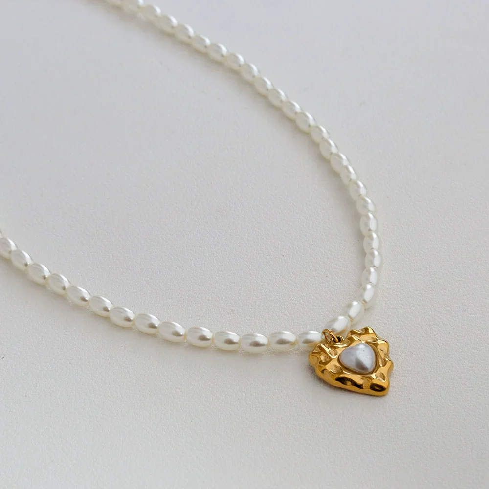 Wholesale Women's Fairy Style Titanium Steel Goldplated Pearl Casting Heart Pendant Necklace With String Of Pearls Chain - Image 8