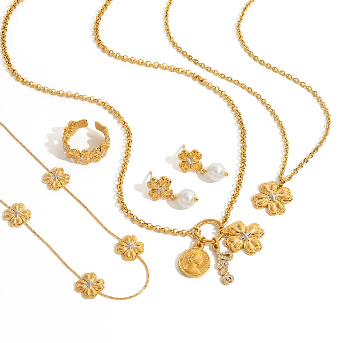 Wholesale Women's Fashion Accessories Stainless Steel Electroplated With Plants And Flowers Pattern Pearl Necklace Fourleaf Clover Earrings Colorblocking Ring - Image 5