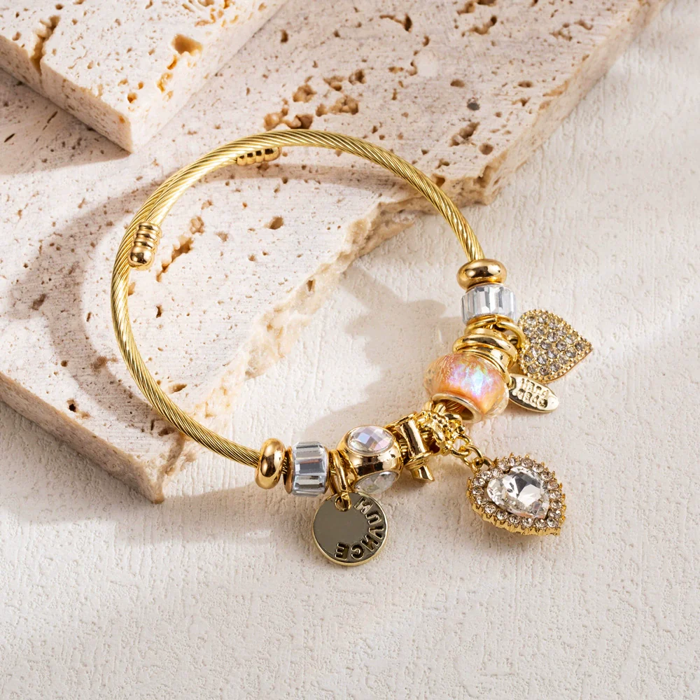 Wholesale Women's Fashion Adjustable Couple Bracelet With Heart Pendant Made Of Alloy And Stainless Steel With Rhinestone Inlay - Image 4