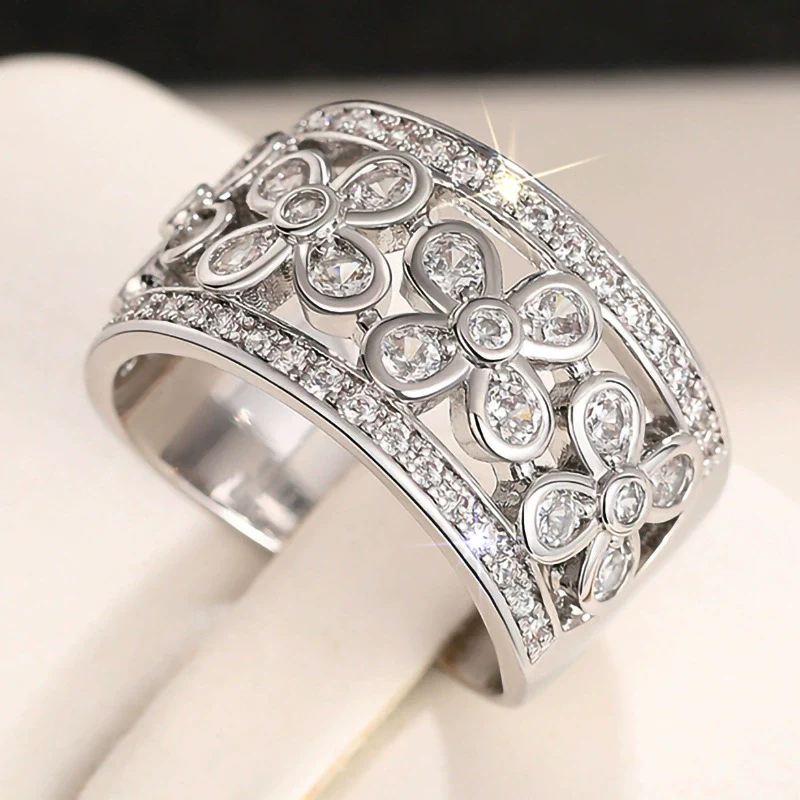 Wholesale Women's Fashion Copper Flower Geometric Ring Jewelry With Zirconia
