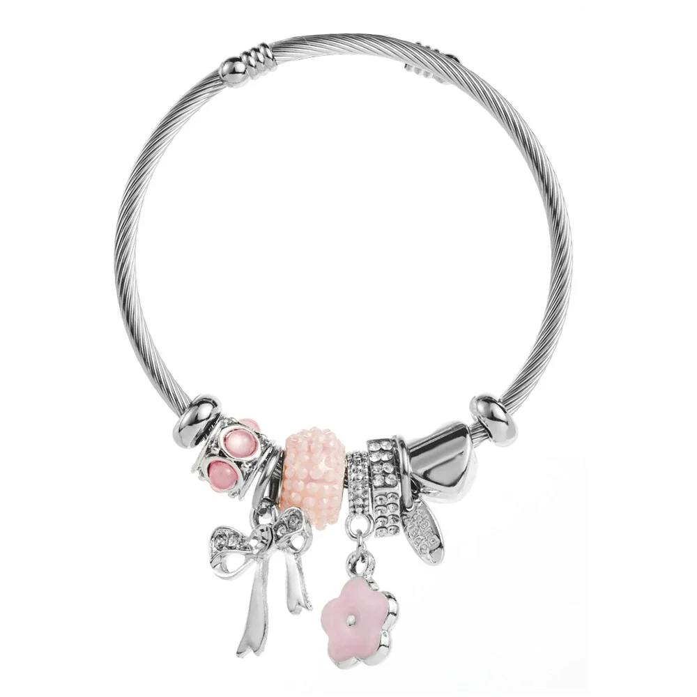 Wholesale Women's Fashion Diamond Design Stainless Steel Alloy Bracelet With Bow Flower Pendant - Image 5