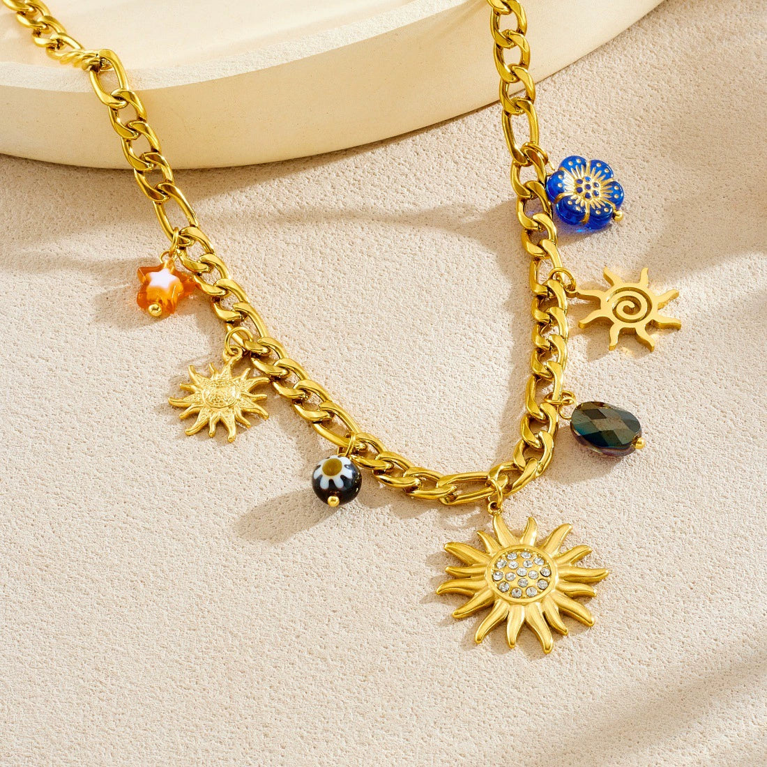 Wholesale Women's Fashion Diamondplated Goldplated Stainless Steel Plants And Flowers Sun Pendant Chain Jewelry Set - Image 2