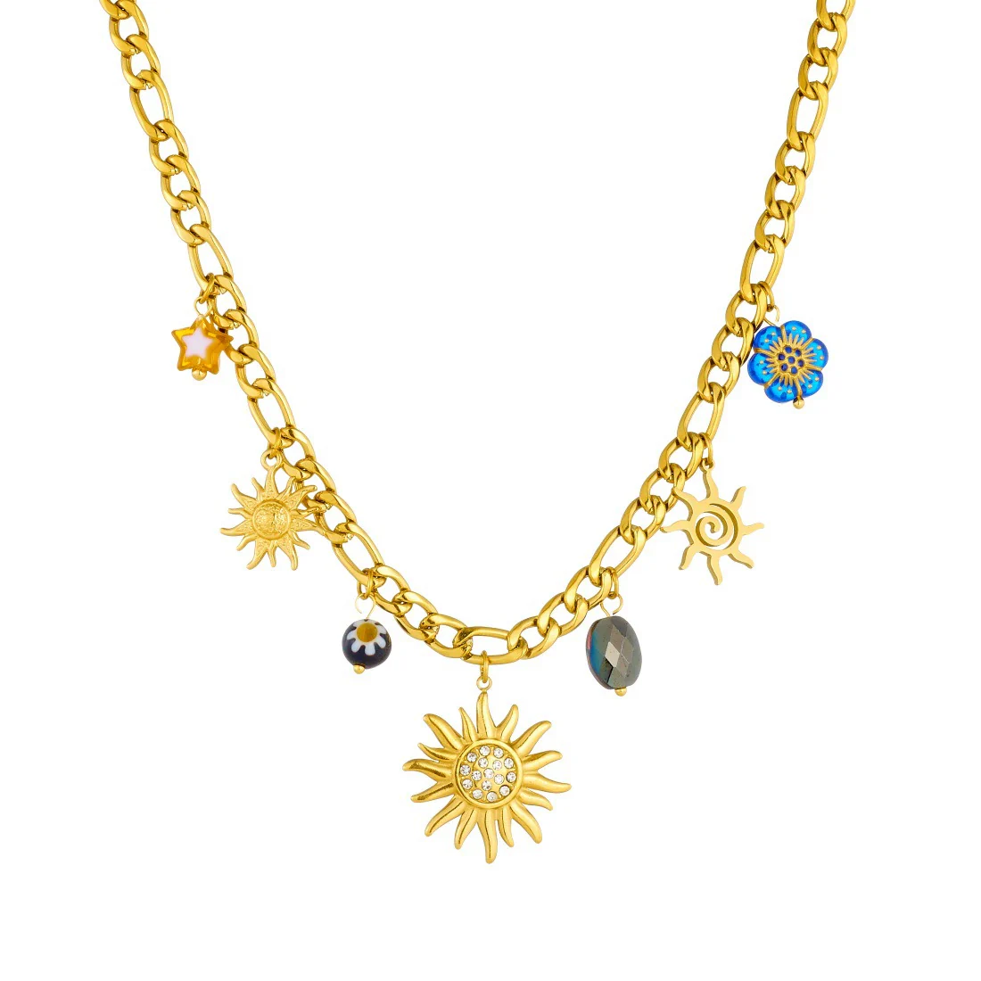 Wholesale Women's Fashion Diamondplated Goldplated Stainless Steel Plants And Flowers Sun Pendant Chain Jewelry Set - Image 5