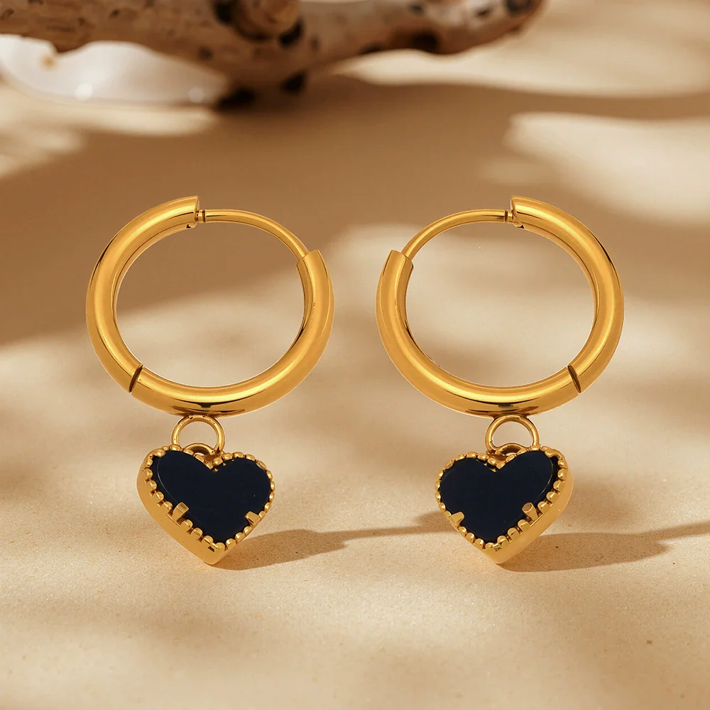 Wholesale Women's Fashion Geometric Black Agate Heart Pendant Earrings Stainless Steel 18K Gold Plated - Image 2