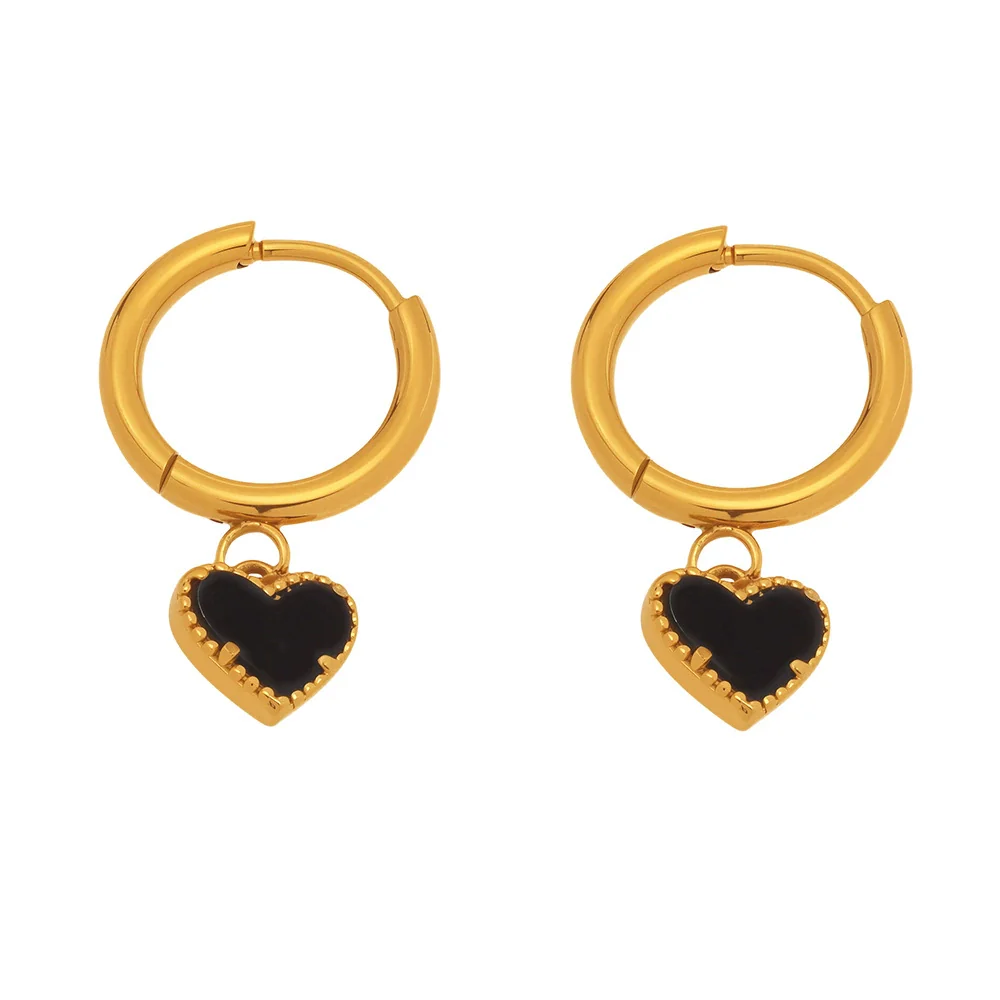 Wholesale Women's Fashion Geometric Black Agate Heart Pendant Earrings Stainless Steel 18K Gold Plated - Image 5