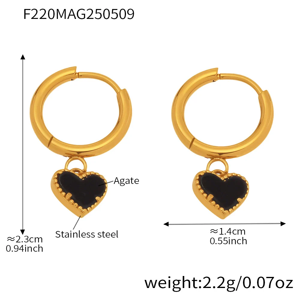 Wholesale Women's Fashion Geometric Black Agate Heart Pendant Earrings Stainless Steel 18K Gold Plated - Image 6