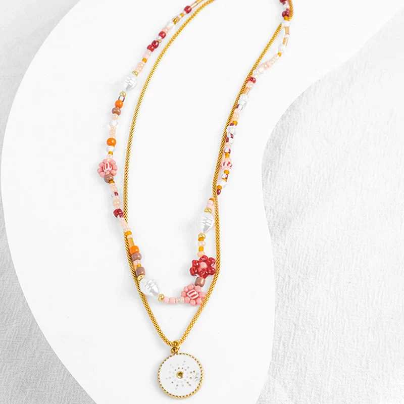 Wholesale Women's Fashion Geometric Stainless Steel And Pearl Beaded Sunflower Pendant Necklace With Electroplating Treatment - Image 2