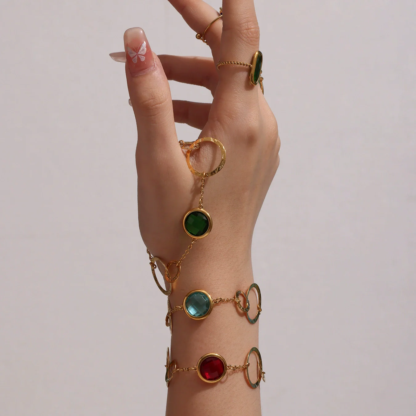 Wholesale Women's Fashion Geometric Stainless Steel And Zircon Electroplated Faceted Glass Stone Hollow Ring Stitching Bracelet - Image 3