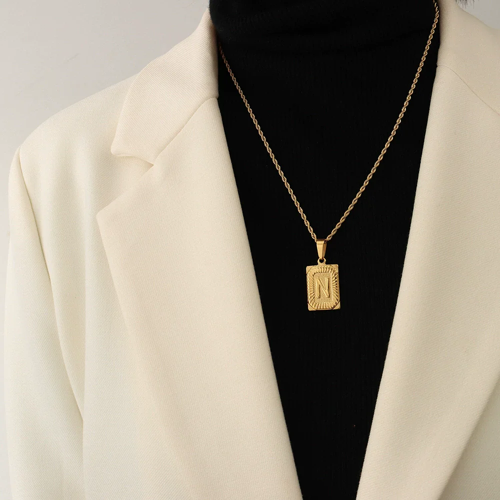 Wholesale Women's Fashion Jewelry Titanium Steel Ferris Wheel Design 18K Gold Plated Square Pendant Clavicle Chain With Letter And Number Patterns - Image 17