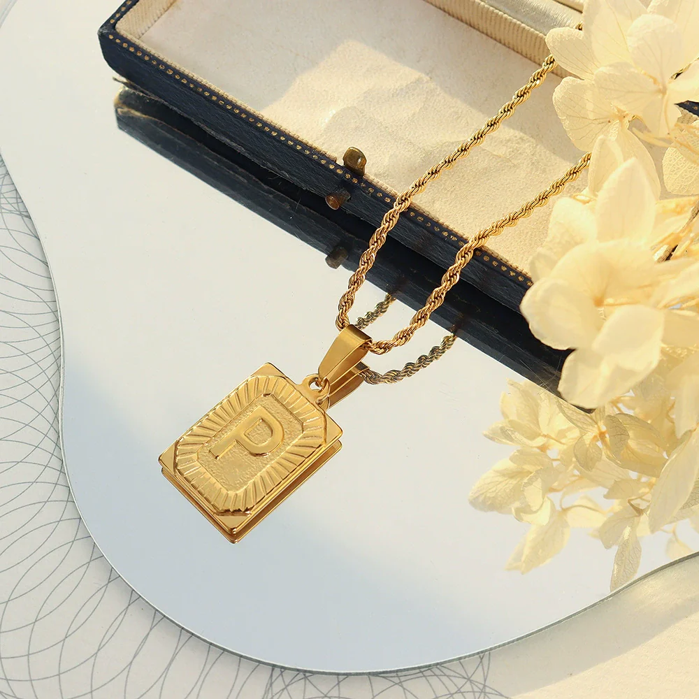 Wholesale Women's Fashion Jewelry Titanium Steel Ferris Wheel Design 18K Gold Plated Square Pendant Clavicle Chain With Letter And Number Patterns - Image 19
