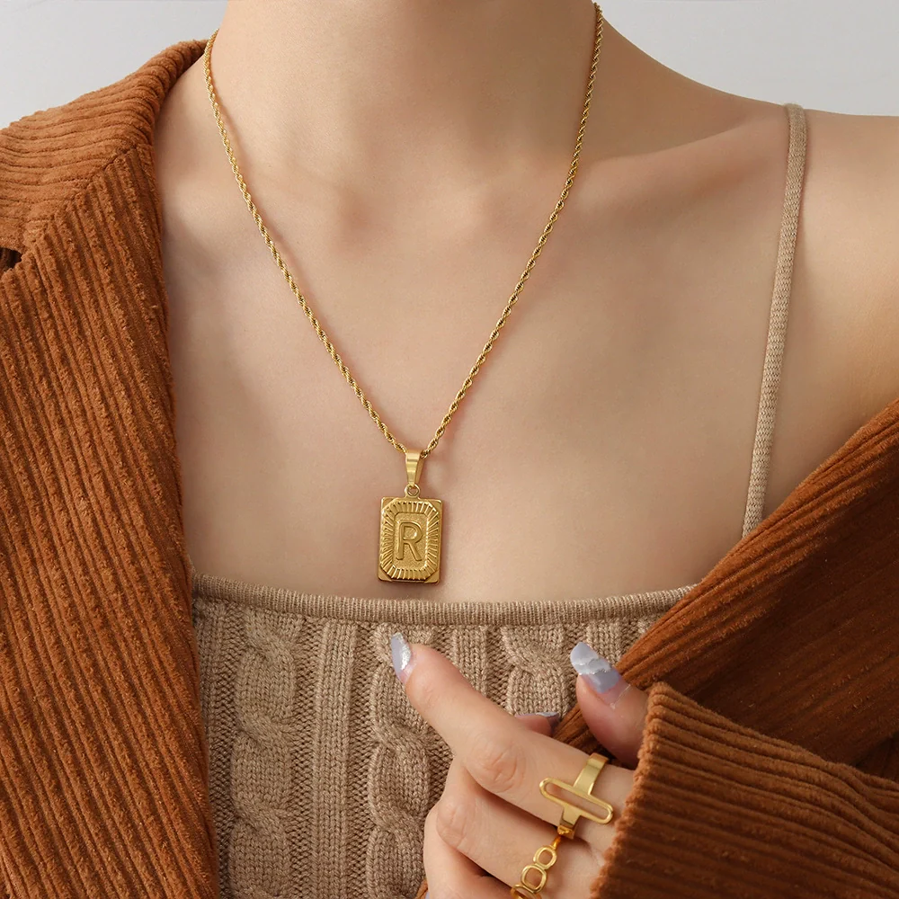 Wholesale Women's Fashion Jewelry Titanium Steel Ferris Wheel Design 18K Gold Plated Square Pendant Clavicle Chain With Letter And Number Patterns - Image 21