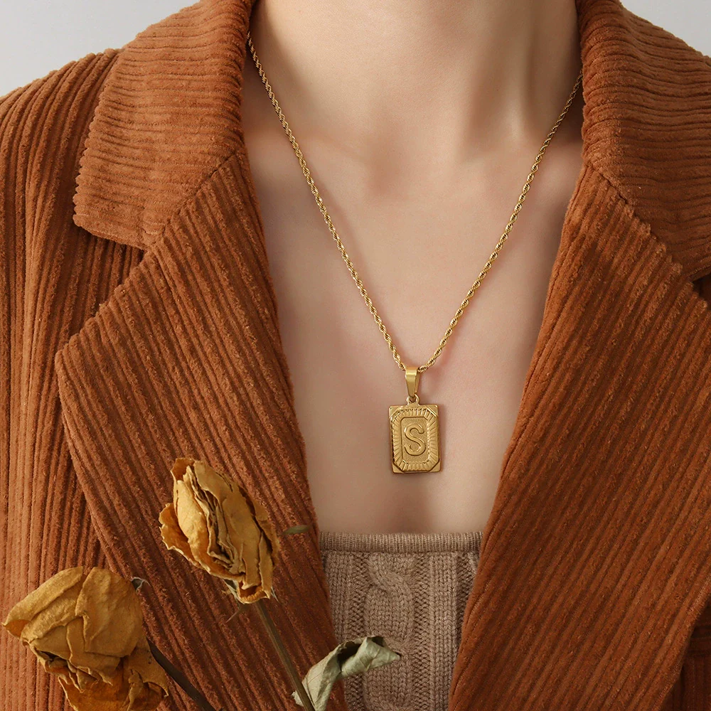 Wholesale Women's Fashion Jewelry Titanium Steel Ferris Wheel Design 18K Gold Plated Square Pendant Clavicle Chain With Letter And Number Patterns - Image 22