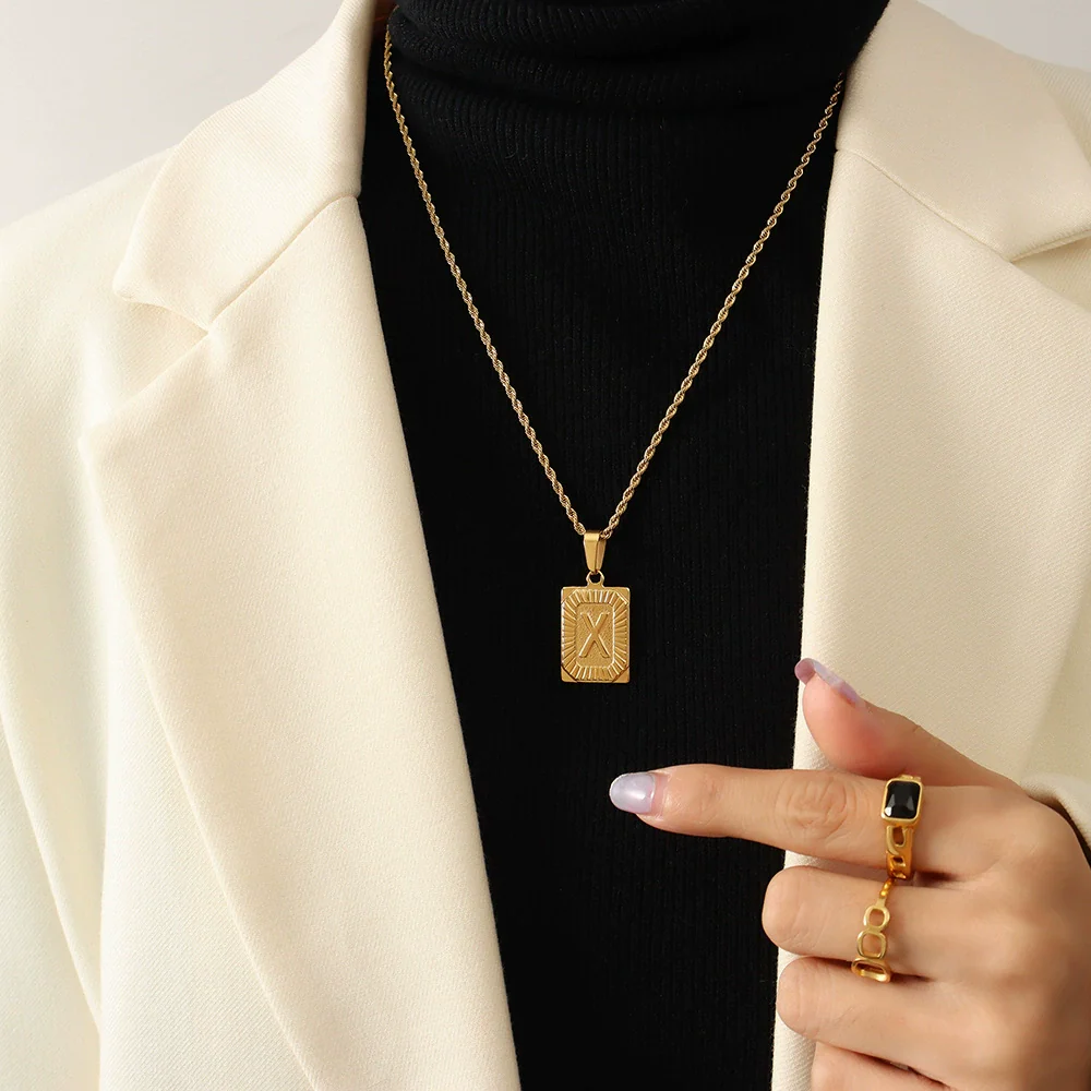 Wholesale Women's Fashion Jewelry Titanium Steel Ferris Wheel Design 18K Gold Plated Square Pendant Clavicle Chain With Letter And Number Patterns - Image 27