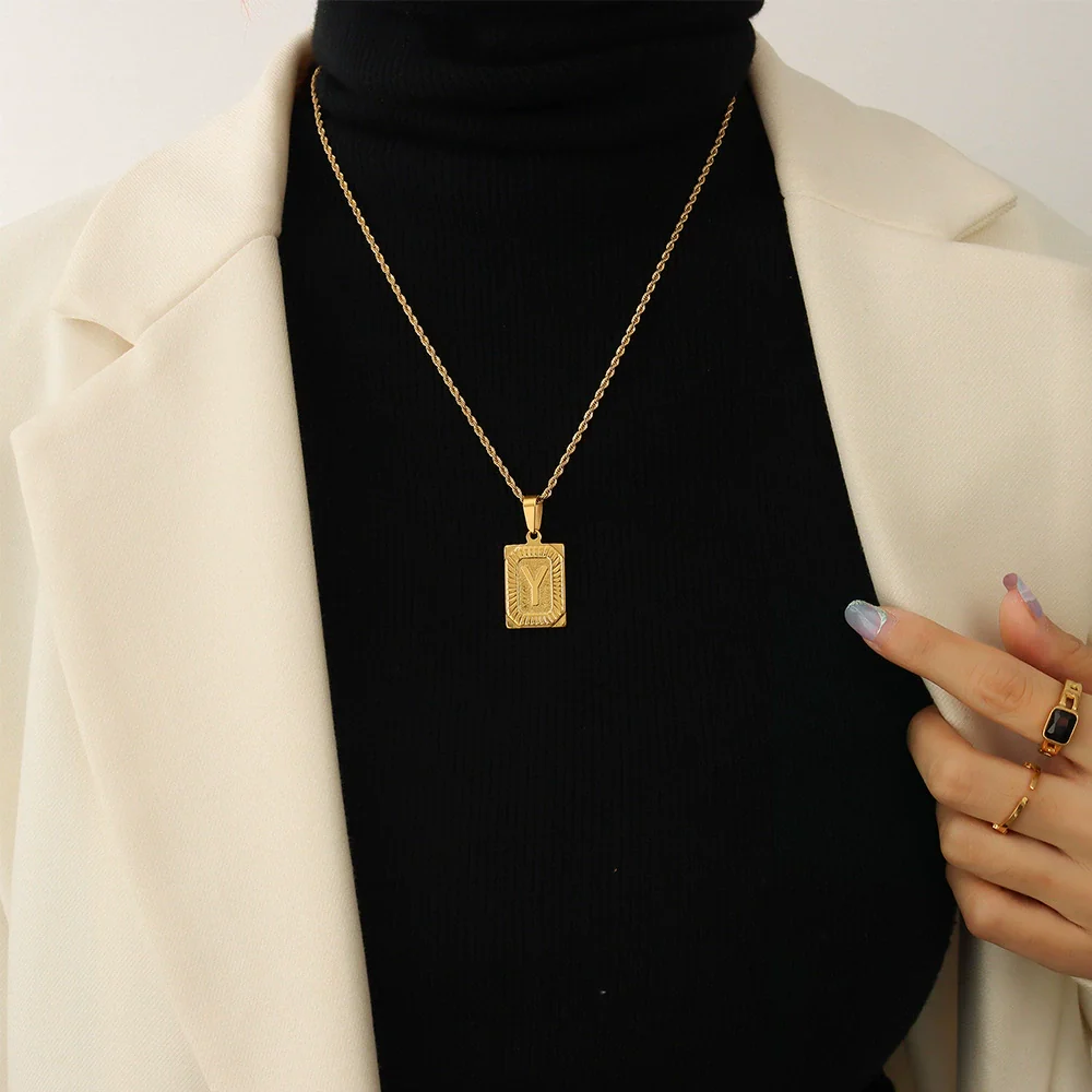 Wholesale Women's Fashion Jewelry Titanium Steel Ferris Wheel Design 18K Gold Plated Square Pendant Clavicle Chain With Letter And Number Patterns - Image 28