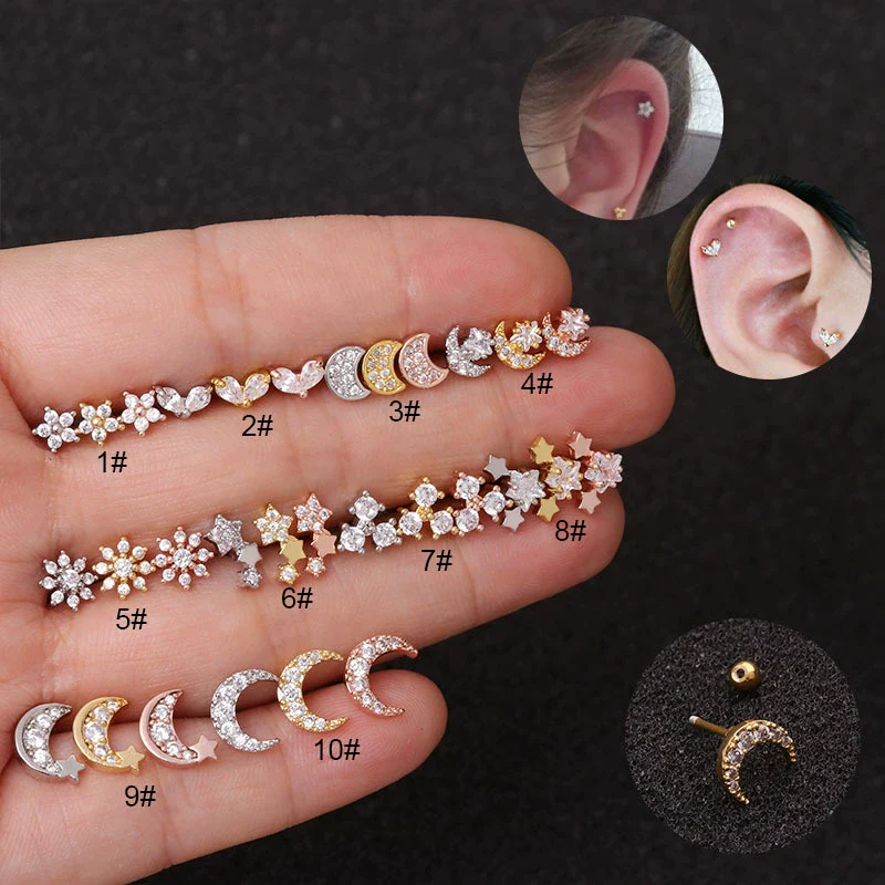 Wholesale Women's Fashion Metal Earrings With Doublesided Screw Design Inlaid With Zircon And Flower Pattern