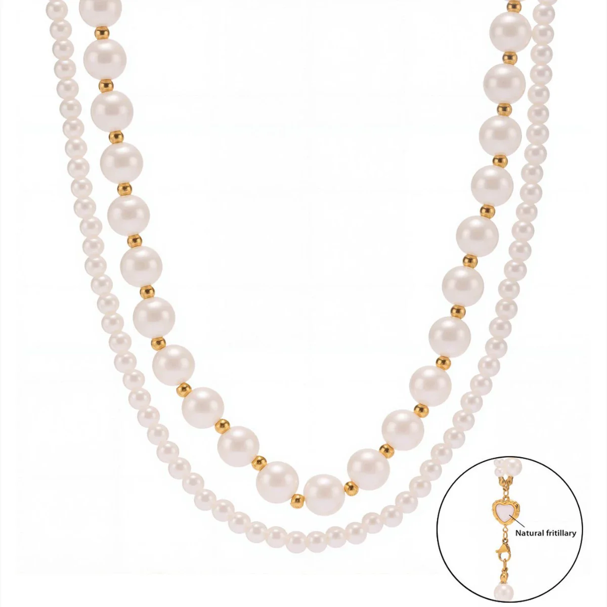 Wholesale Women's Fashion Minimalist Electroplated Natural Motherofpearl Imitation Pearl Doublelayer Stacked Ferris Wheel Heart Necklace With Stainless Steel And Titanium Steel - Image 5