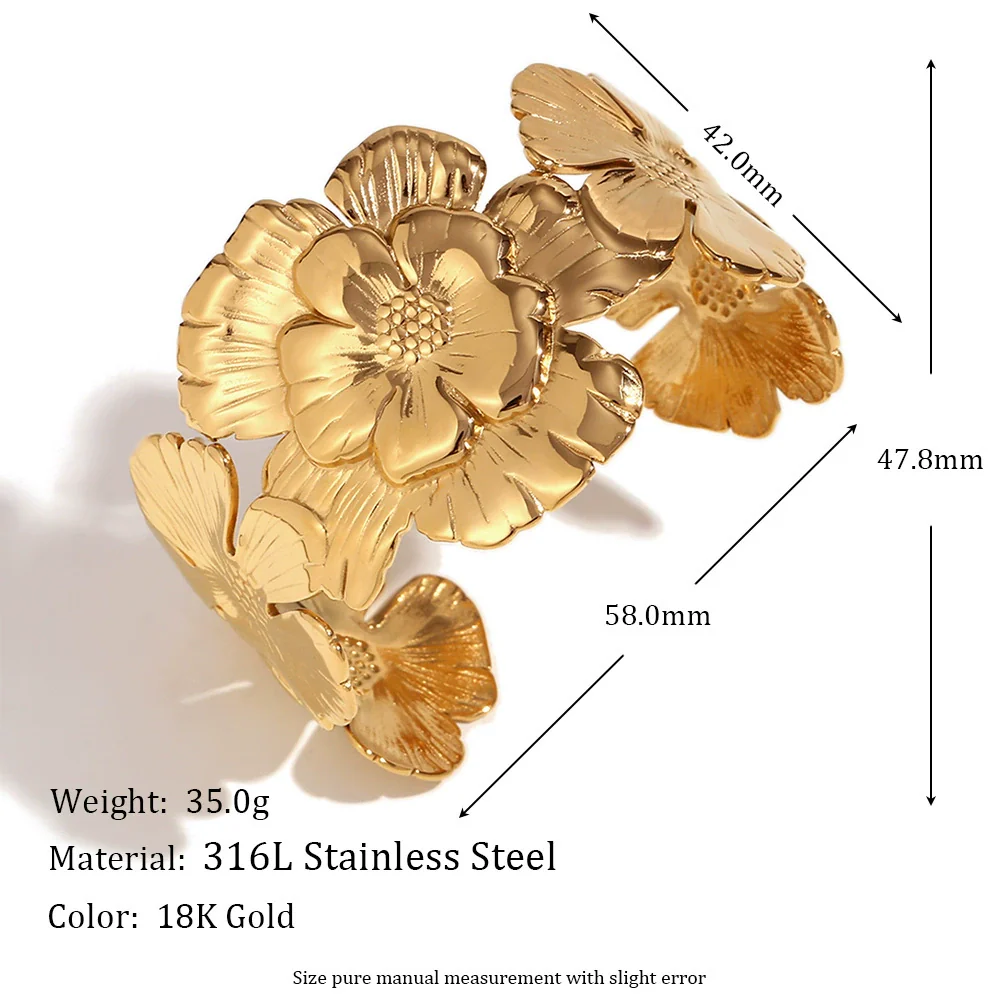 Wholesale Women's Fashion Retro Exaggerated Open Flower Stainless Steel 18K Gold Plated Bracelet - Image 2