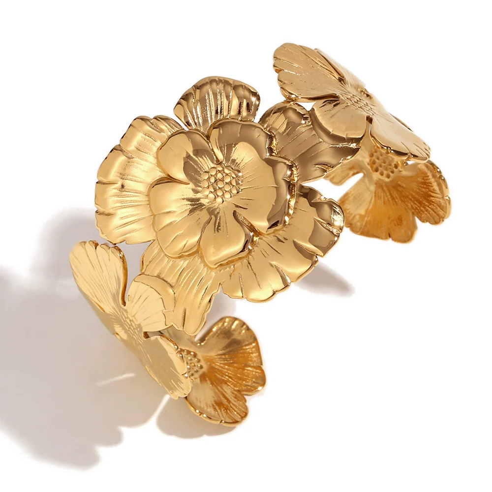 Wholesale Women's Fashion Retro Exaggerated Open Flower Stainless Steel 18K Gold Plated Bracelet - Image 6