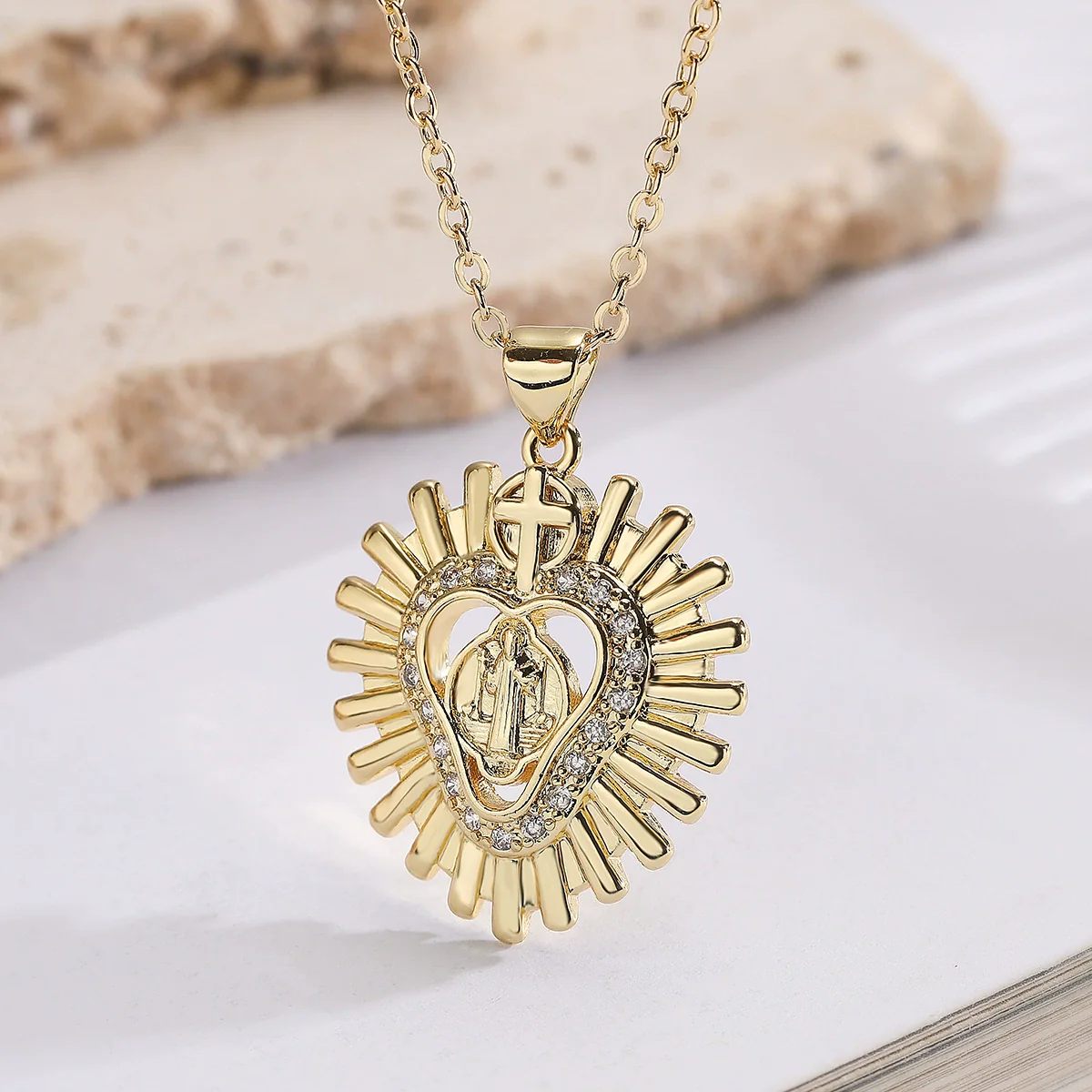 Wholesale Women's Fashion Retro Geometric Copper 18K Gold Plated Zircon Cross Virgin Heart Pendant Necklace - Image 3