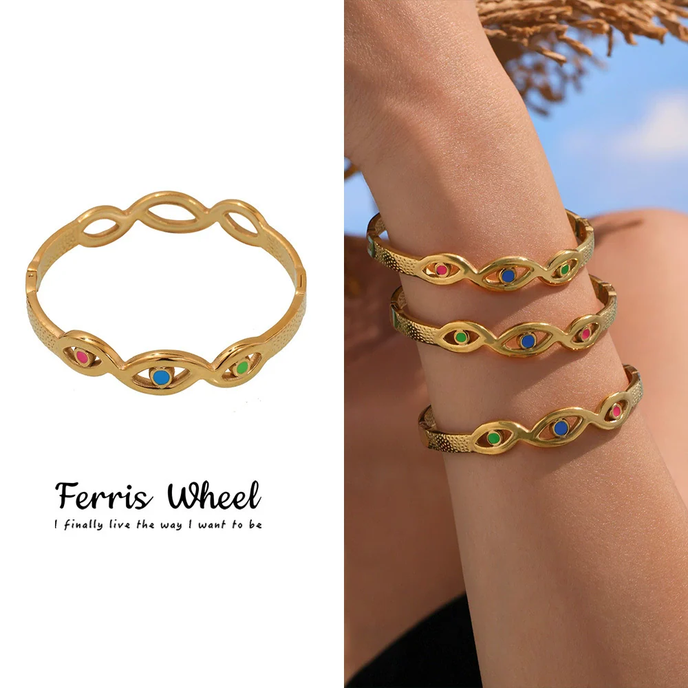 Wholesale Women's Fashion Stainless Steel And Titanium Steel Enamel Glaze Electroplated Ferris Wheel And Devil's Eye Ring And Bracelet