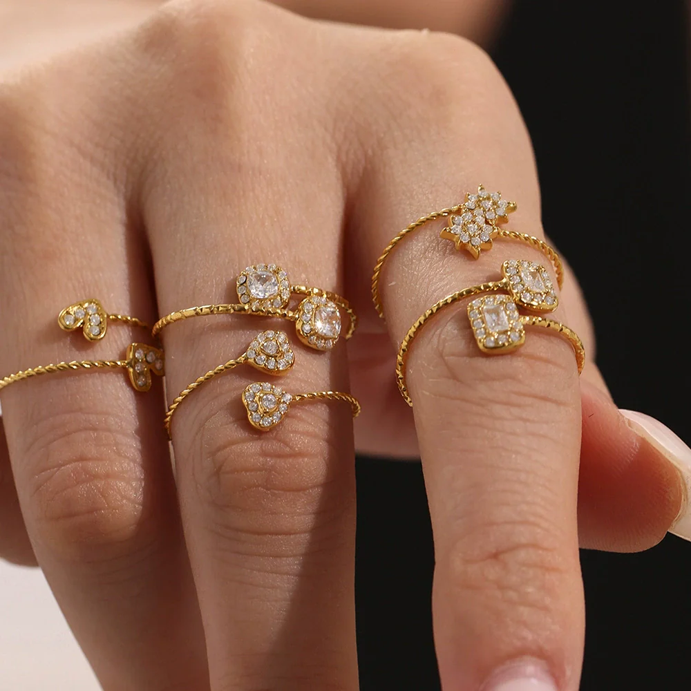 Wholesale Women's Fashionable And Versatile Geometric Heart Ferris Wheel Full Diamond Stainless Steel And Zircon 18K Gold Plated Index Finger Ring - Image 2