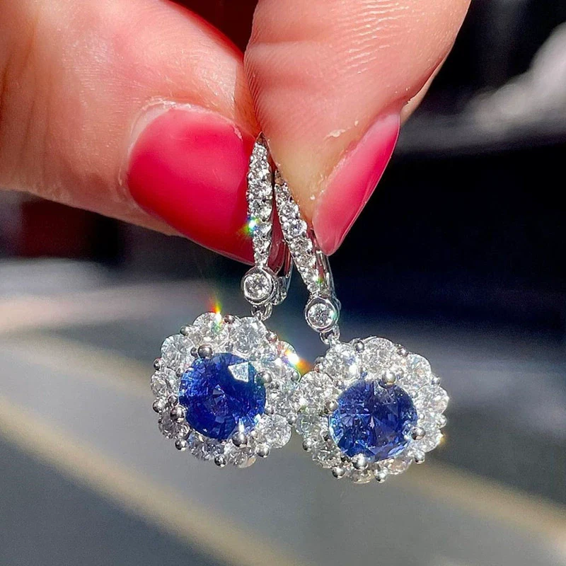 Wholesale Women's Fashionable Copper Long Earrings With Sapphire Blue Zircon And Flower Design