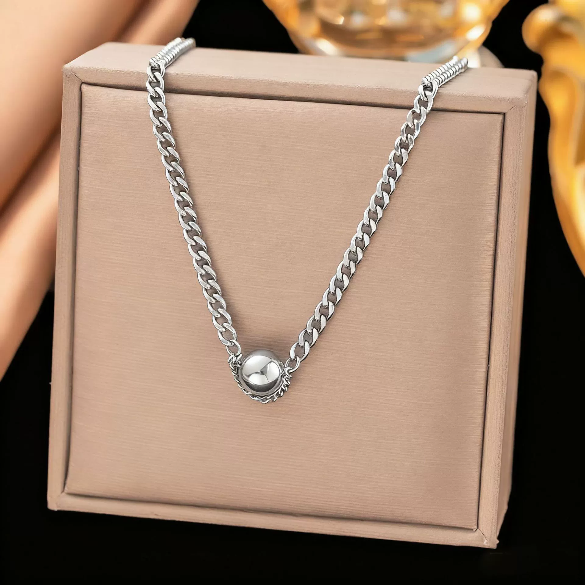 Wholesale Women's Fashionable Geometric Ball Titanium Steel Electroplated Jewelry Set With Twist Chain Necklace And Bracelet - Image 8